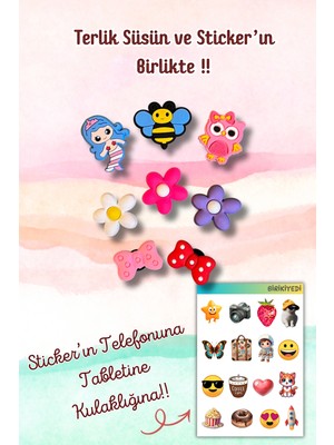 Birikiyedi 8'li Jibbitz Terlik Süsü Çiçek,deniz Kızı,arı,baykuş,renkli Kurdele Temalı