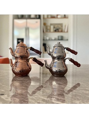 Feyza Design Bakır Çaydanlık, Küçük Boy, Dövme Çiçek Desenli, Şık ve Zarif Tasarım