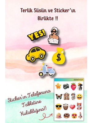 Birikiyedi 5'li Set Jibbitz Terlik Süsü Yes,araba,motor,manifest,para,güzellik