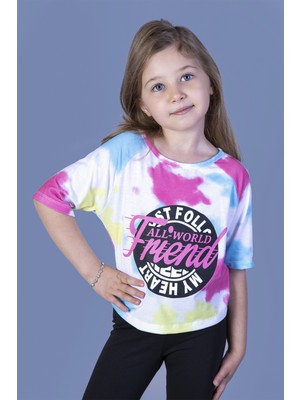 Toontoy Kız Çocuk Baskılı Bisiklet Yaka Kısa Reglan Kollu Tişört