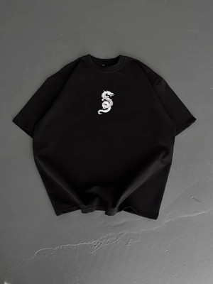 Çamaşır Kenti Baskılı Oversize Bisiklet Yaka T-Shirt - Siyah