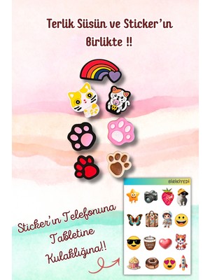 Birikiyedi 7 Li Set Jibbitz Terlik Süsü Gökkuşağı,kedi;pati