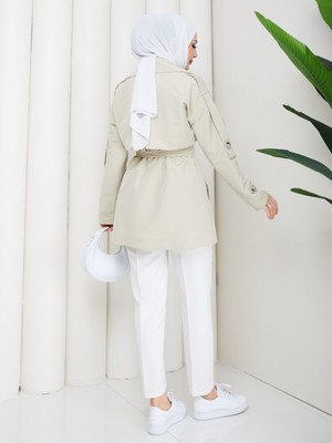 Zennyamoda Kadın Keten Taş Kolu Düğmeli Kuşak Detaylı Trençkot