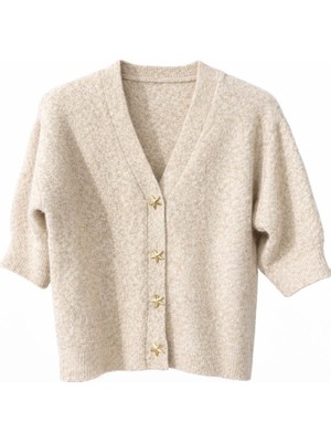 CGA Kadın Bej Hırka Kadın Hırka Kısa Kollu Önü Yıldız Düğmeli Yumoş Triko Hırka