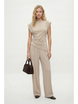Ritnice Kadın Elvis Modal Touch Vatkalı Asimetrik Bluz Bel Lastikli Bej Alt Üst Takım