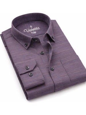 Varetta Erkek Mürdüm Gömlek Düz Uzun Kollu Pamuklu Keten Efektli Cepli Yaka Düğmeli