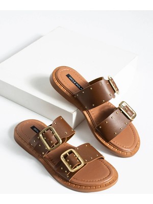 Dicle Polat Kadın Kahve Çift Tokalı Zımbalı Terlik Günlük Rahat Düz Taban Şık Terlik Volina