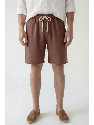 Veleno Erkek Kahverengi Hafif Günlük Keten Müslin Şort Double Paça Arka Cepli
