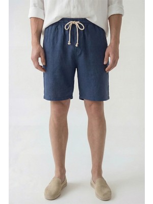 Veleno Erkek Lacivert Hafif Günlük Keten Müslin Şort Double Paça Arka Cepli