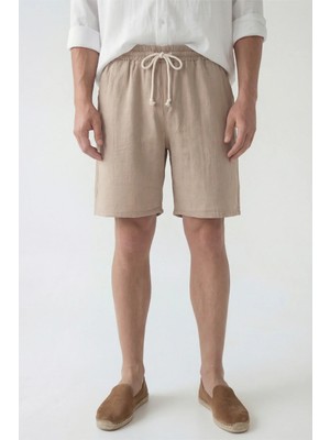 Veleno Erkek Bej Hafif Günlük Keten Müslin Şort Double Paça Arka Cepli