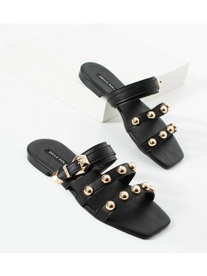 Dicle Polat Kadın Siyah Tokalı Zımbalı Terlik – Rahat Günlük Şık Yazlık Düz Taban Terlik Premia