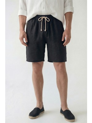 Veleno Erkek Siyah Hafif Günlük Keten Müslin Şort Double Paça Arka Cepli