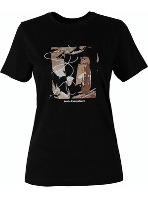 Trender 26YL71595006 Siyah Kadın T-Shirt Sonbahar Baskı