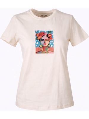 Trender Tablo Bask Bej Kadın T-Shirt 26YL71595003