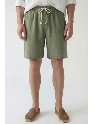 Veleno Erkek Haki Hafif Günlük Keten Müslin Şort Double Paça Arka Cepli