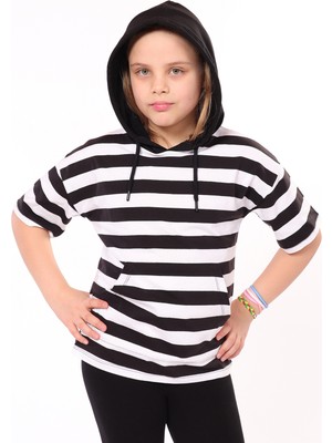 Toontoy Kız Çocuk Çizgili Kapüşonlu Cepli Kısa Kollu Tişört