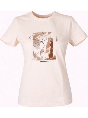 Trender 26YL71595006 Bej Kadın T-Shirt Sonbahar Baskı