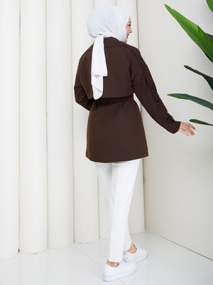 Zennyamoda Kadın Keten Koyu Kahve Kolu Düğmeli Kuşak Detaylı Trençkot