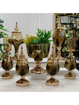 Dekor Arya 7 Parça Salon Konsol Aksesuar Seti Yaprak Gold