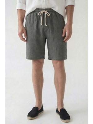 Veleno Erkek Füme Hafif Günlük Keten Müslin Şort Double Paça Arka Cepli