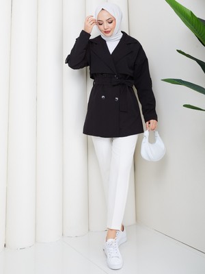 Zennyamoda Kadın Keten Siyah Kolu Düğmeli Kuşak Detaylı Trençkot