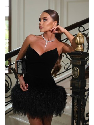 BMD Julia Tüylü Mini Elbise - Siyah