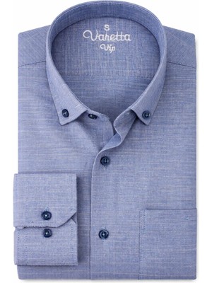 Varetta Erkek Mavi Gömlek Düz Uzun Kollu Pamuklu Keten Efektli Cepli Yaka Düğmeli