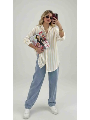 Modelist Oversize Çizgili Keten Gömlek