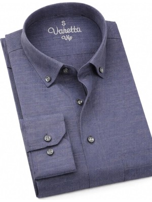 Varetta Erkek Koyu Mor Gömlek Uzun Kollu Pamuklu Keten Efektli Cepli Yaka Düğmeli