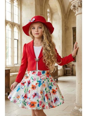 Riccotarz Kız Çocuk Kare Yaka Penye Bluz Kelebek Broşlu Kırmızı Ceket Gül Desenli Kabarık Etekli Takım