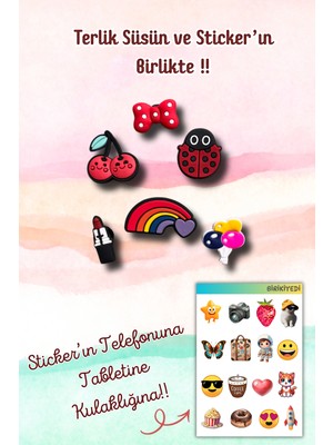 Birikiyedi 6'liıset Jibbitz Terlik Süsü Kiraz,uğur Böceği,ruj,balon,gökkuşağı Temalı