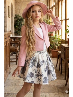 Riccotarz Kız Çocuk Kare Yaka Penye Bluz Yusufçuk Broşlu Pudra Ceket Gül Desenli Kabarık Etekli Takım