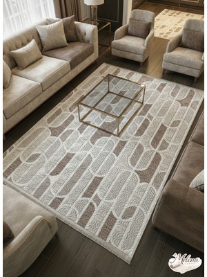Konak Halı Salon Halısı Geometrik Desenli Kahve Krem Emboss Kaymaz Taban Saçaklı
