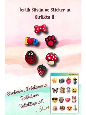 Birikiyedi 6'lı Set Jibbitz Terlik Süsü Kırmızı Tema/çilek,uğur Böceği,ı Love You,kurdele,pati