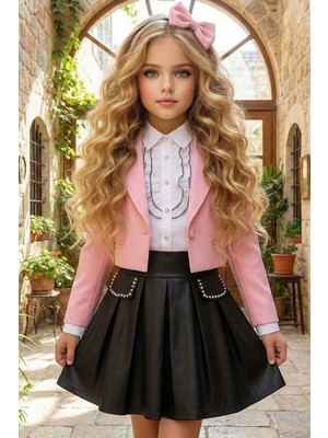 Riccotarz Kız Çocuk Elmas Taşlı Volanlı Gömlek Pembe Blazer Ceket Taş Detaylı Deri Etekli Takım