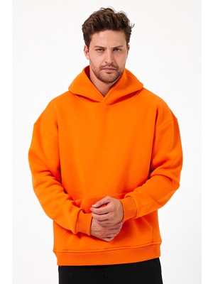 Overoz Basic Kapüşonlu Oversize Unisex Sweatshirt Turuncu Hoodie