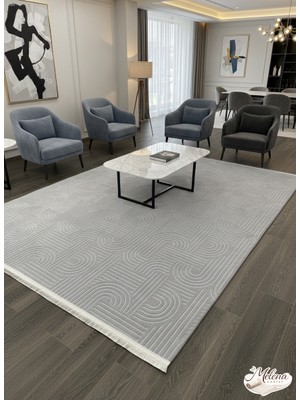 Konak Halı Modern Salon Halısı Premium Seri Açık Gri Emboss Kabartmalı Saçaklı Kaymaz Taban