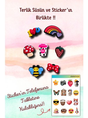 Birikiyedi 7'li Set Jibbitz Terlik Süsü Arı,çilek,gökkuşağı,mantar,kahve