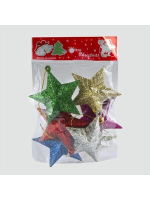 SiHako 6'lı Simli Yıldız Figürlü Yılbaşı Ağaç Süsü