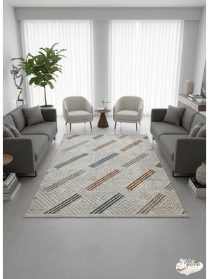 Konak Halı Renkli Modern Halı Geometrik Desenli Emboss Saçaklı Salon Halısı