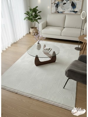 Konak Halı Modern Salon Halısı Premium Seri Krem Emboss Kabartmalı Saçaklı Kaymaz Taban