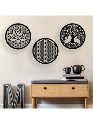 Hayat Ağaçı Yaşam Çiçeği Lotus Çiçeği Anlamlı 3 Parça Duvar Dekor Tablo