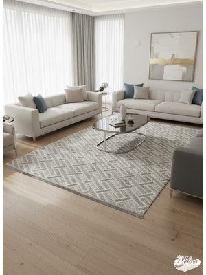 Konak Halı Modern Salon Halısı Geometrik Desenli Açık Gri Emboss Premium Kaymaz Taban Saçaklı