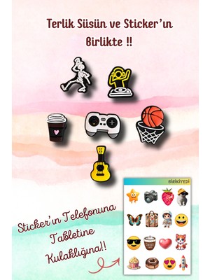 Birikiyedi 6'lı Set Jibbitz Terlik Süsü Kahve,pota,gitar,dj Temalı