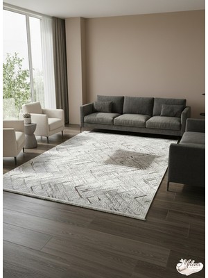 Konak Halı Kabartmalı Dokulu Açık Gri Geometrik Salon Halısı Saçaklı Kaymaz Taban