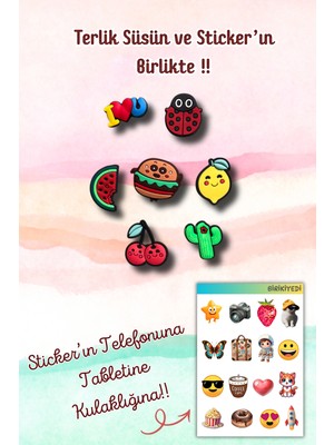 Birikiyedi 7'li Set Jibbitz Terlik Süsü Karpuz,limon,hamburger,kiraz,uğur Böceği,ı Love You