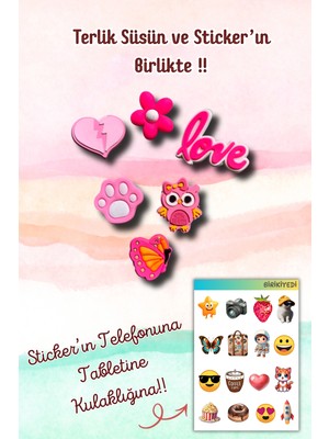 Birikiyedi 6'lı Set Jibbitz Terlik Süsü Pembe Tema Pati,baykuş,çiçek,kelebek