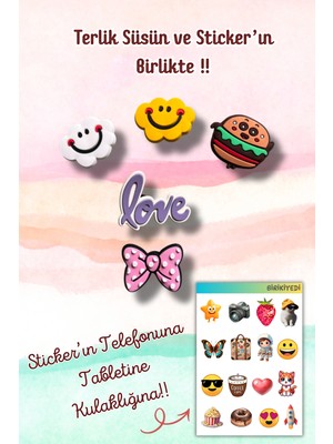 Birikiyedi 5'li Set Jibbitz Terlik Süsü Bulutlar,hamburger,love,pembe Kurdele Temalı