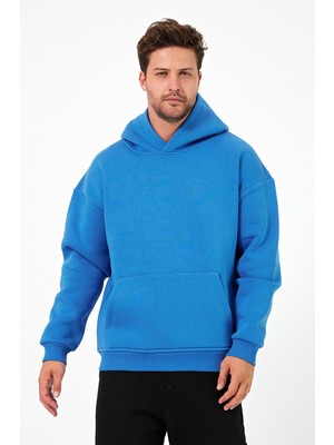 Overoz Basic Kapüşonlu Yarı Oversize Unisex Sweatshirt Mavi Hoodie