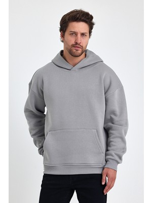 Overoz Basic Kapüşonlu Yarı Oversize Unisex Sweatshirt Gri Hoodie